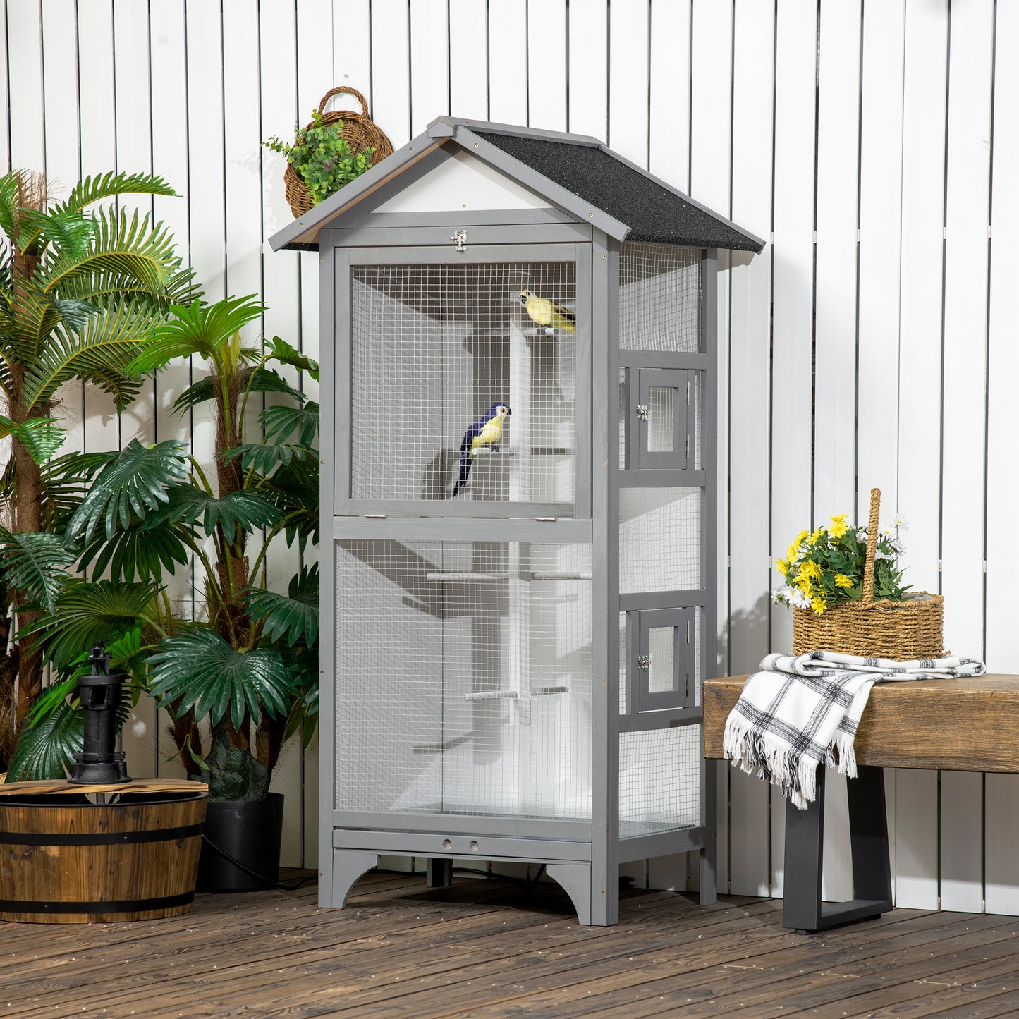 Pawhut Jaula Para Pájaros Pajarera De Madera 80,5x57x153 Cm Gris Claro_1