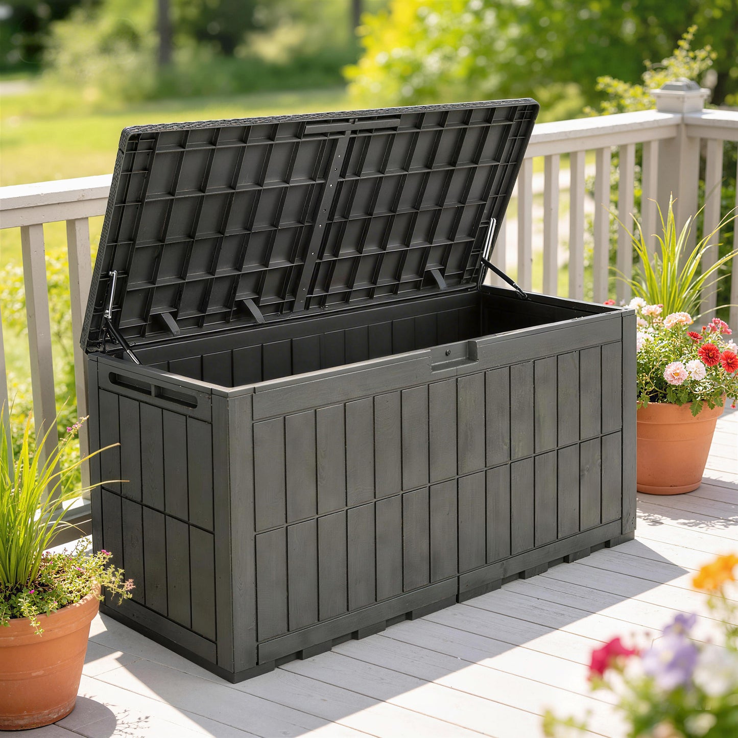 Outsunny Arcón Exterior Capacidad 440l Con Tapa Bloqueable Barras De Gas Café_1