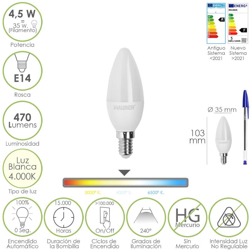 Bombilla Led Vela Rosca E14. 4,5 Watt. Equivale A 35 Watt. 470 Lumenes. Luz Neutra (4000º K.)_0