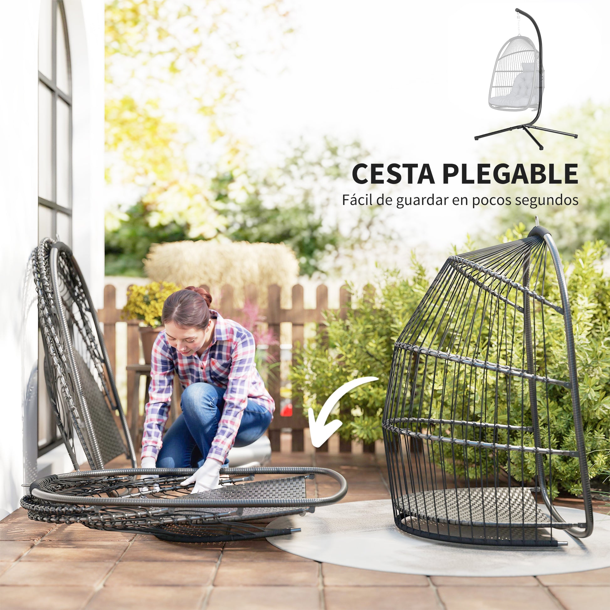 Outsunny Silla Colgante Huevo Con Soporte Cesta Plegable Cojín Gris Oscuro_5