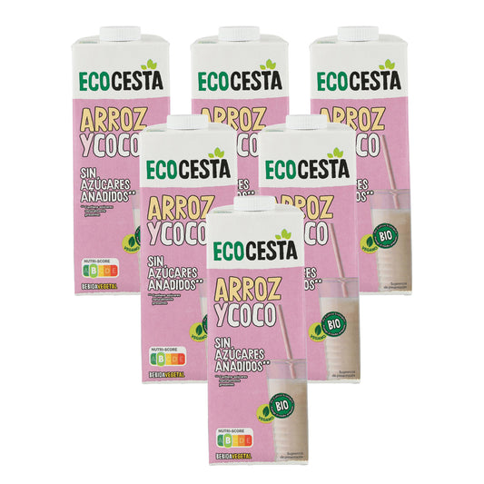 Pack 6x Bebida Vegetal De Arroz y Coco Bio sin azúcar añadido, Ecocesta, 1L