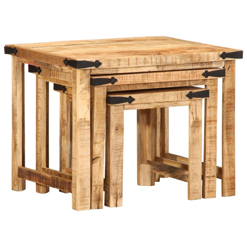 Mesas Apilables 3 Piezas Madera Maciza De Mango Rugosa_3