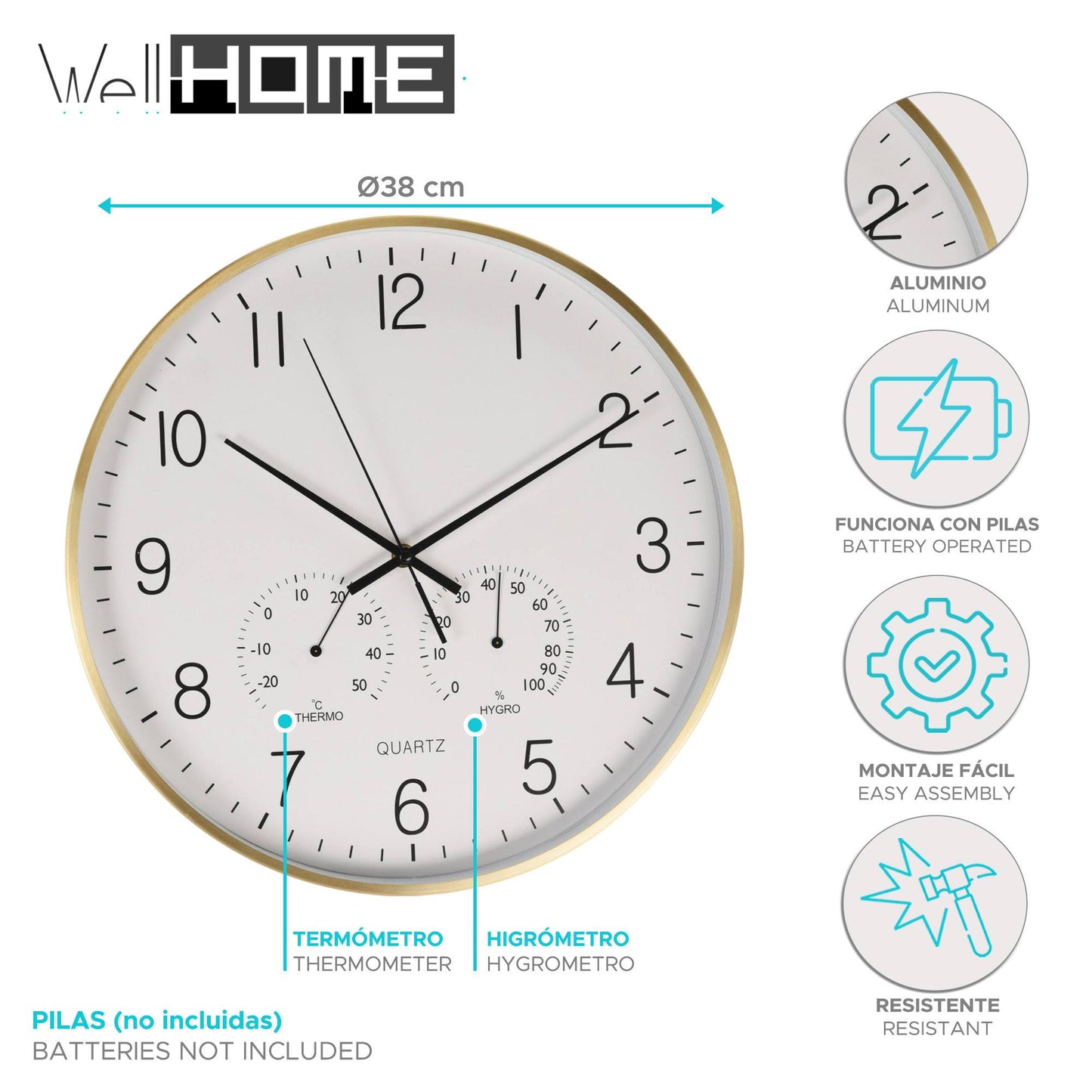 Well Home Reloj De Pared Formato Redondo Color Blanco Ø38x4,2cm