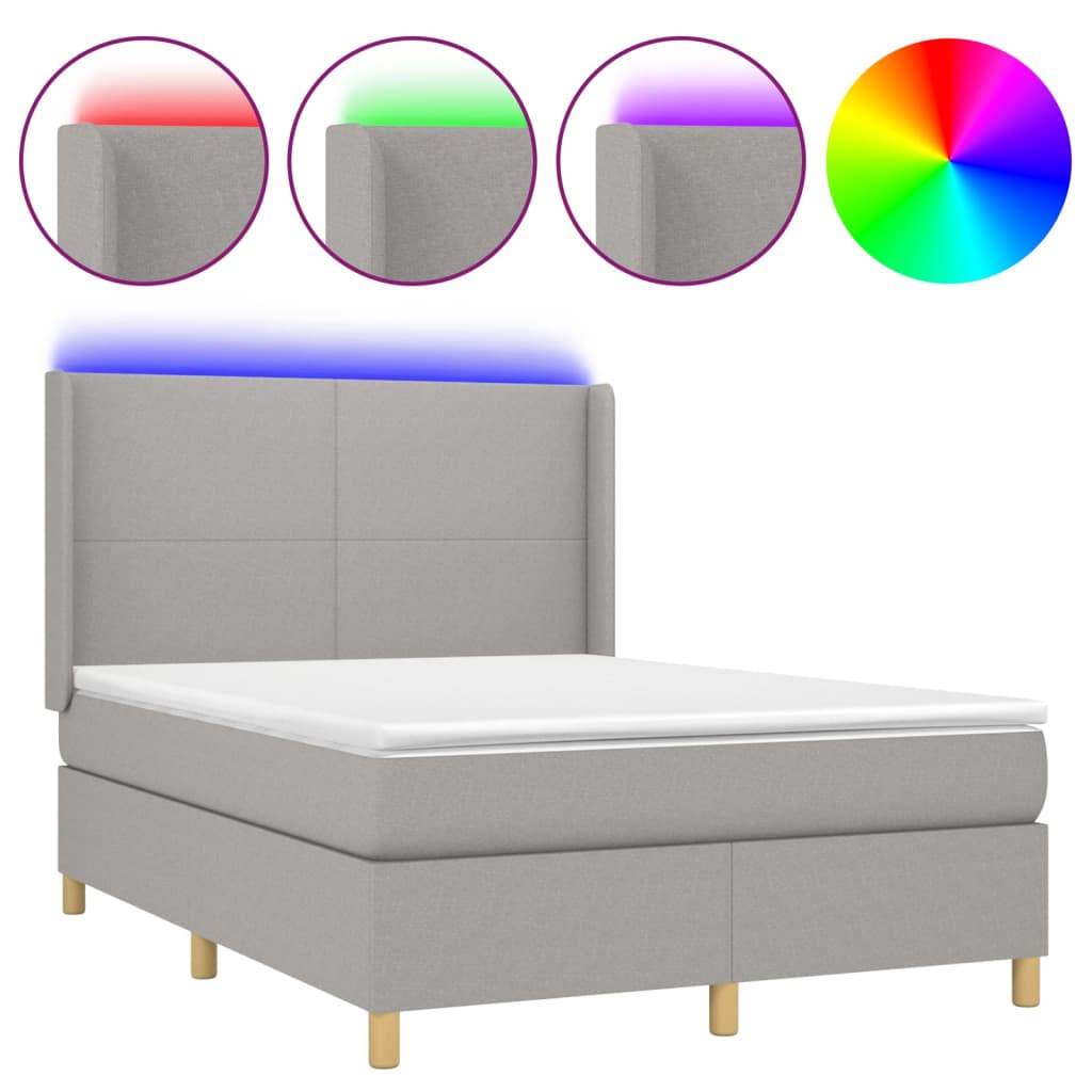 Cama Box Spring Colchón Y Luces Led Tela Gris Claro 140x200 Cm / Vetonek_0