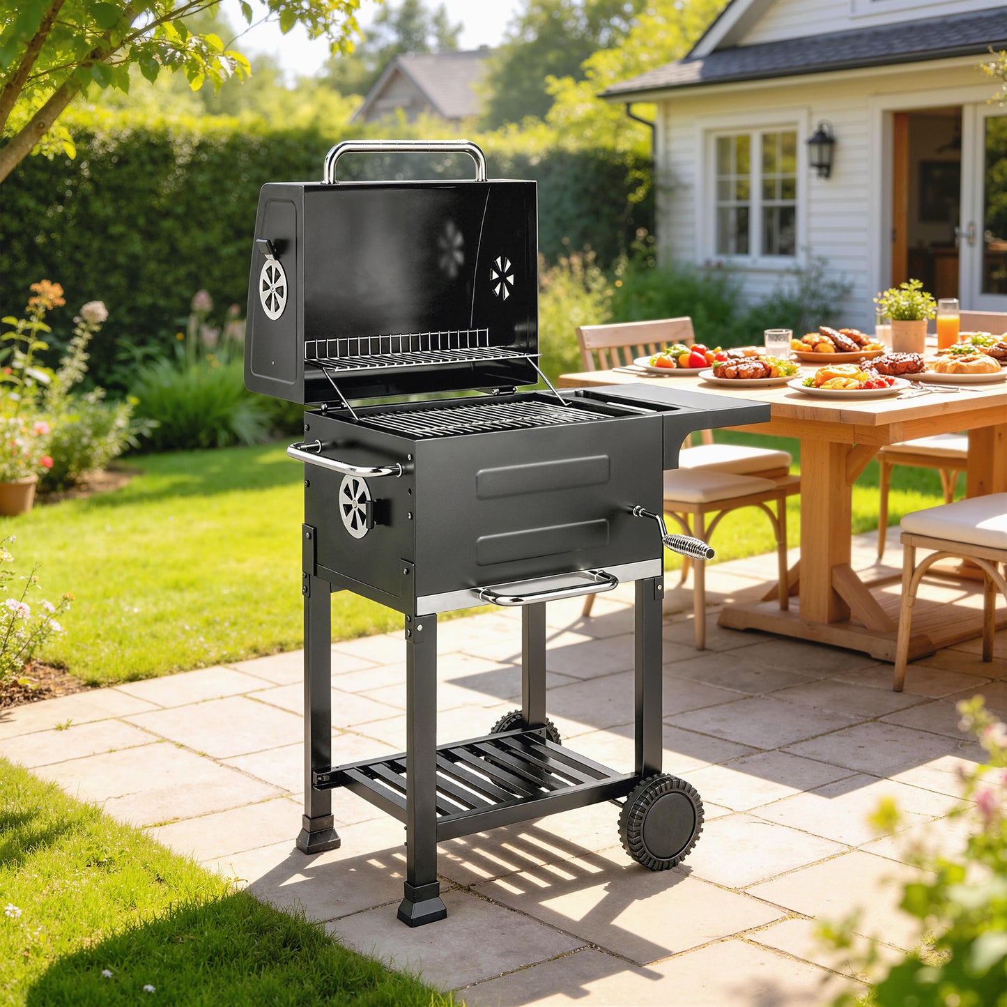 Outsunny Barbacoa De Carbón Con Termómetro Parrilla De Acero Estante Y Ruedas_1
