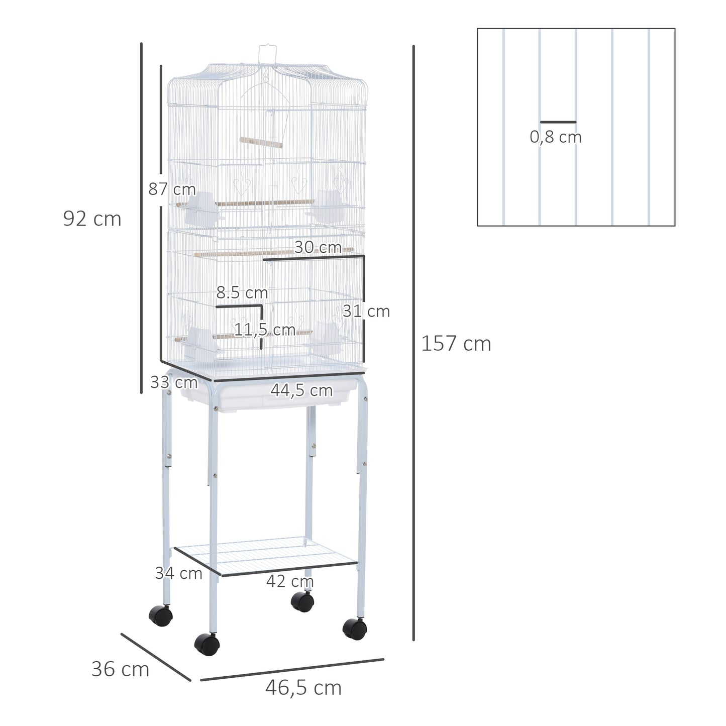 Pawhut Jaula Para Pájaros Con Soporte 4 Ruedas Y Comederos 46,5x36x157 Cm Blanco_2