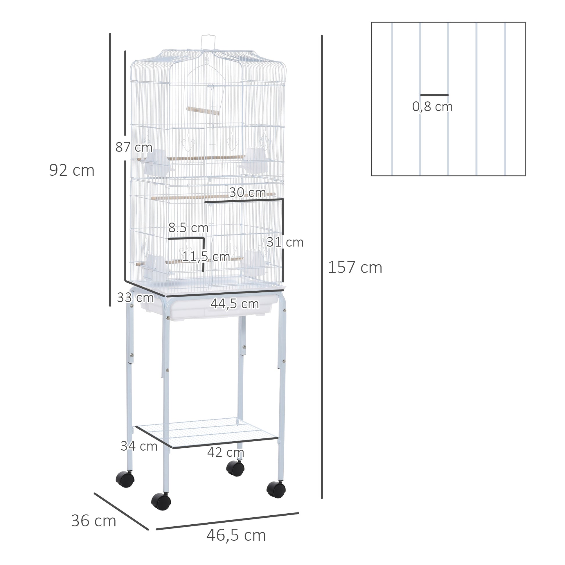 Pawhut Jaula Para Pájaros Con Soporte 4 Ruedas Y Comederos 46,5x36x157 Cm Blanco_2