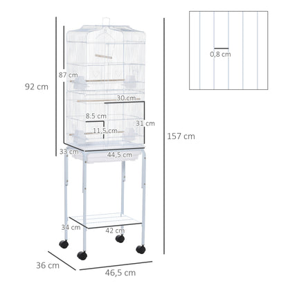 Pawhut Jaula Para Pájaros Con Soporte 4 Ruedas Y Comederos 46,5x36x157 Cm Blanco_2