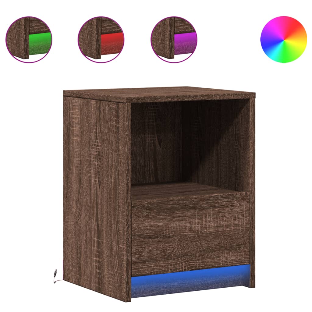 Mesitas De Noche Luces Led 2 Uds Madera Ingeniería Roble Marrón_0