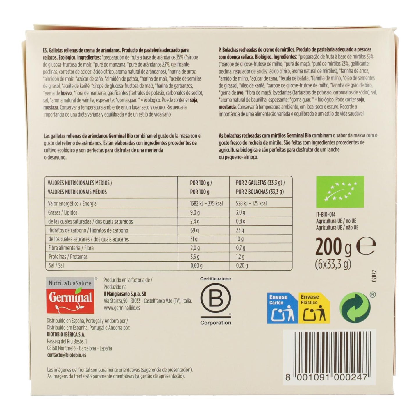 Galletas Sin Gluten rellenas de crema de Arándano Germinal, 200 gr