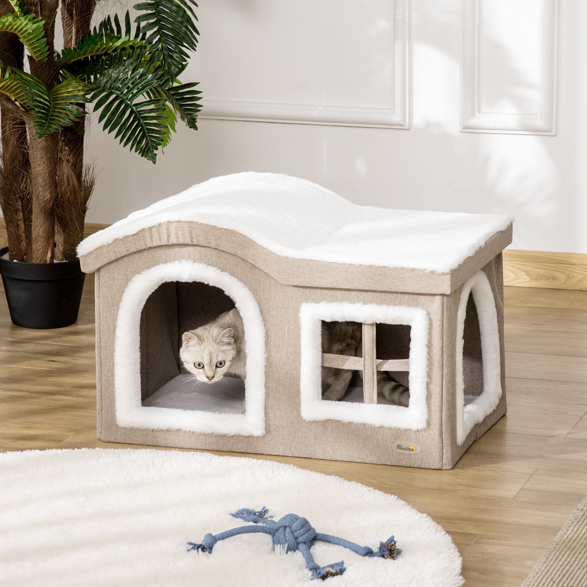 Pawhut Casa Plegable Para Gatos Con Tapa Extraíble Y Cojines 63,5x37x40 Cm Beige_1