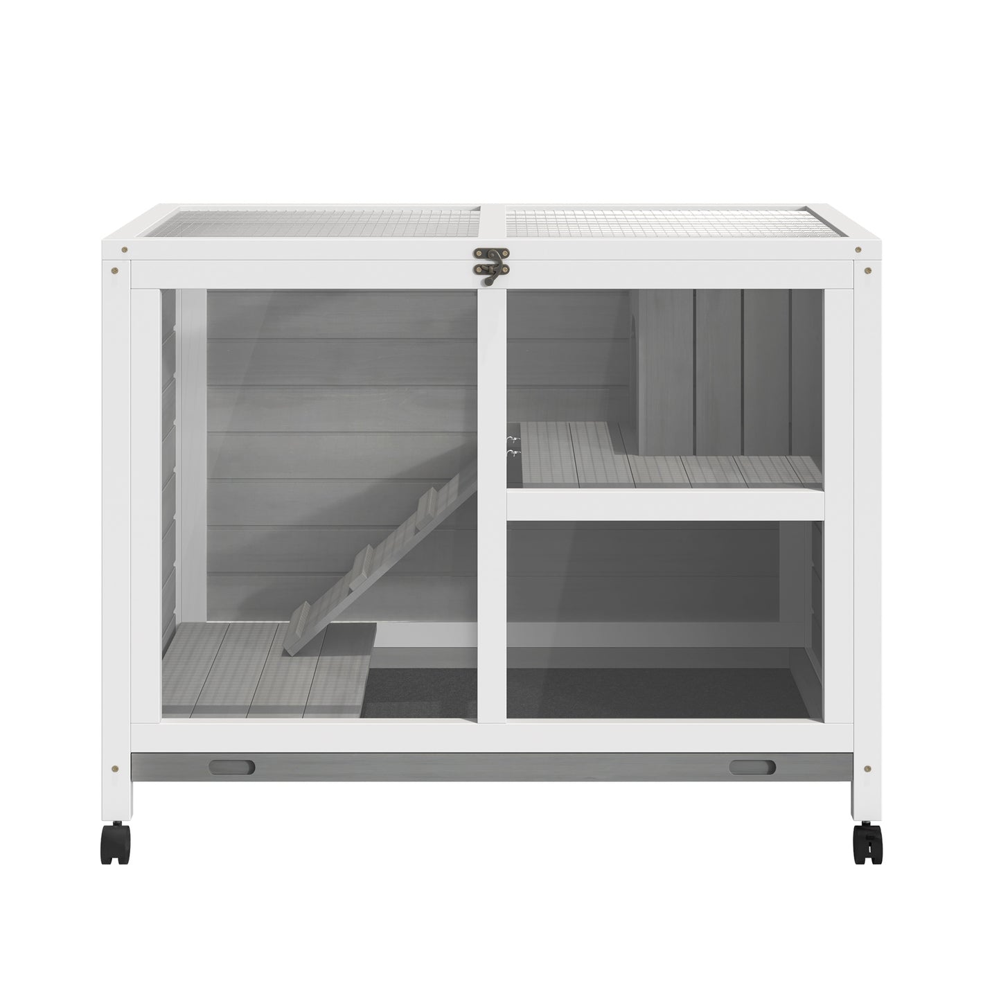 Pawhut Conejera De Madera Con Ruedas 91,5x53,3x73 Cm Techo Abatible Bandeja_4