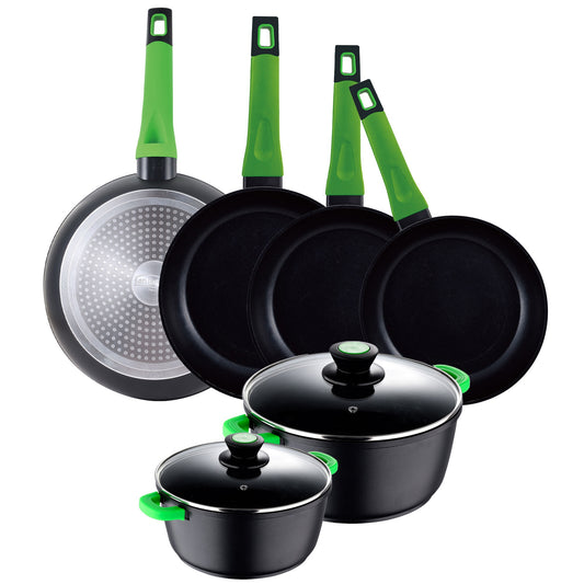 Set Batería De Cocina 8 Piezas: Ollas De 20 Y 28 Cm. Con Tapa De Vidrio, Y 4 Sartenes De 20;24;26, Y 28, Antiadherentes, San Ignacio Vitoria, En Alum_0
