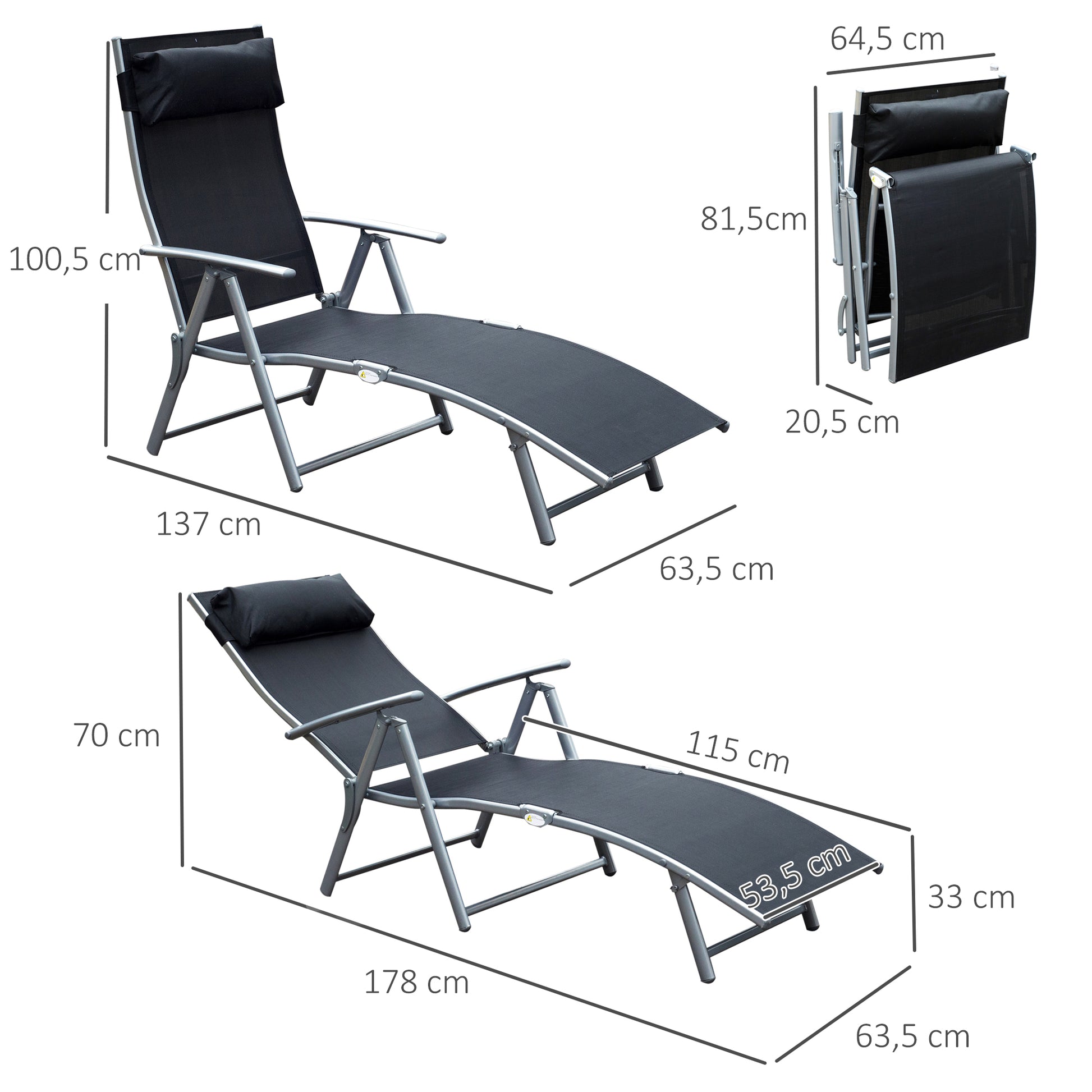 Outsunny Conjunto De 2 Tumbonas Plegables Con Almohada 137x63,5x100,5 Cm Negro_2