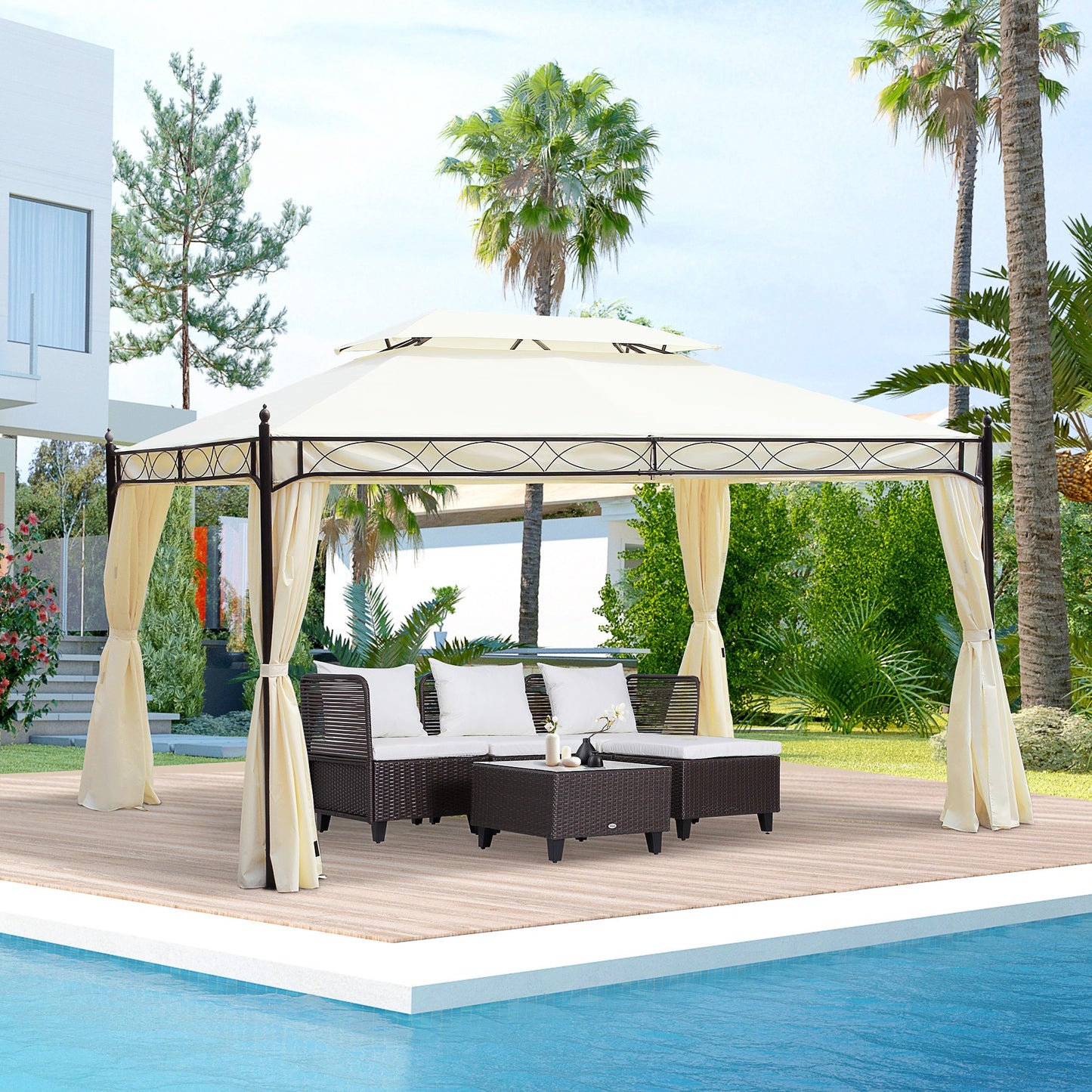 Outsunny Carpa 4x3m Pabellón Cenador De Jardín Con Cortinas 3x4x2,8m Blanca_1