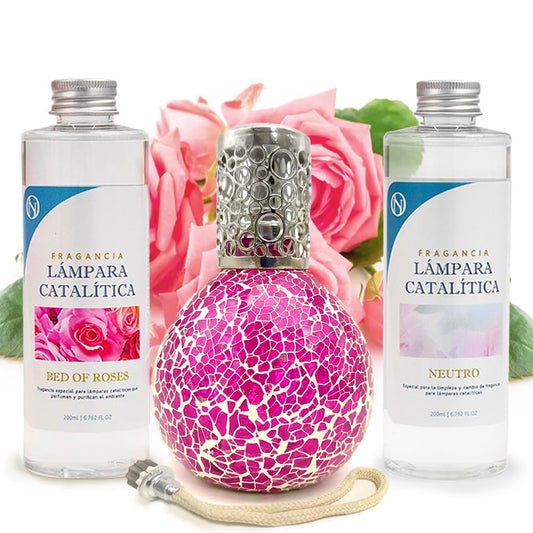 Pack Ahorro Lámpara Catalítica Mosaico Fúcsia + Fragancia Bed Of Roses 200ml + Limpiador Neutro 200ml + Mecha Repuesto_0