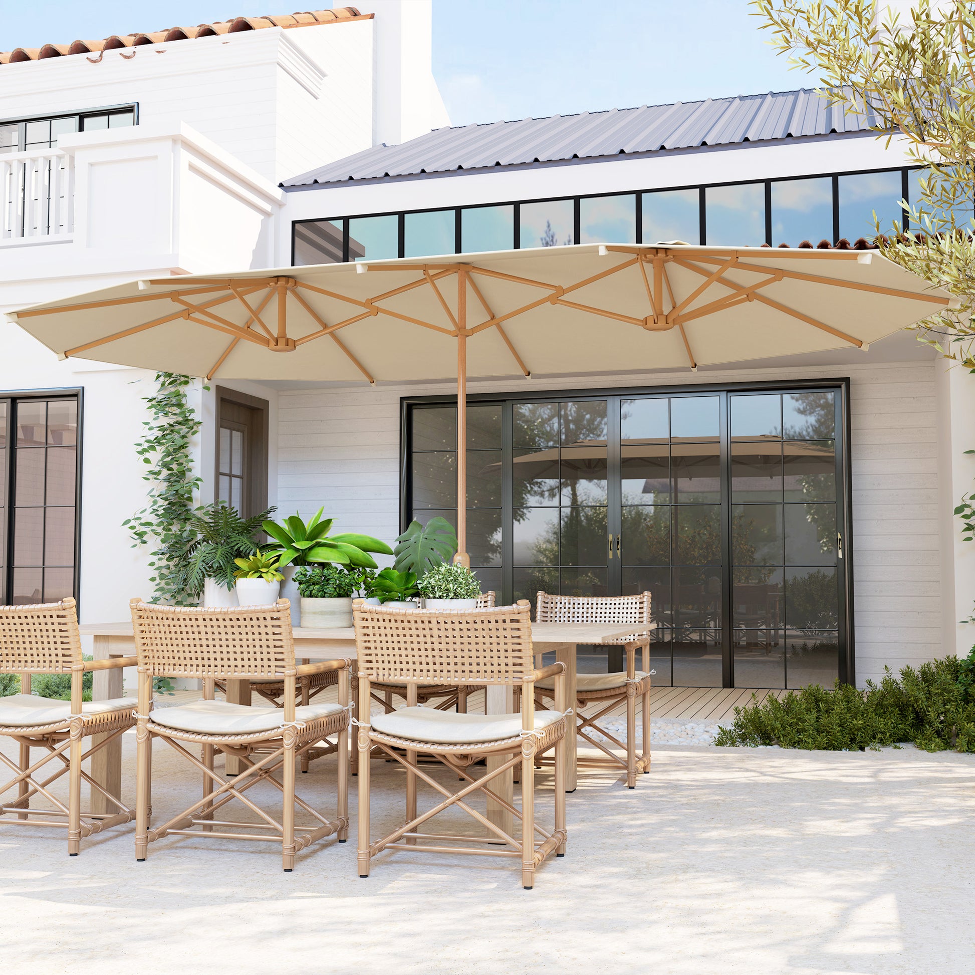 Outsunny Sombrilla Doble 4,6x2,7 M Con Manivela Resistente Al Agua Crema_1