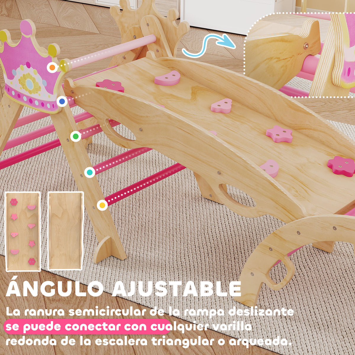 Aiyaplay 8 En 1 Triángulo De Escalada De Madera Montessori Con Arco Y Rampa Rosa_5