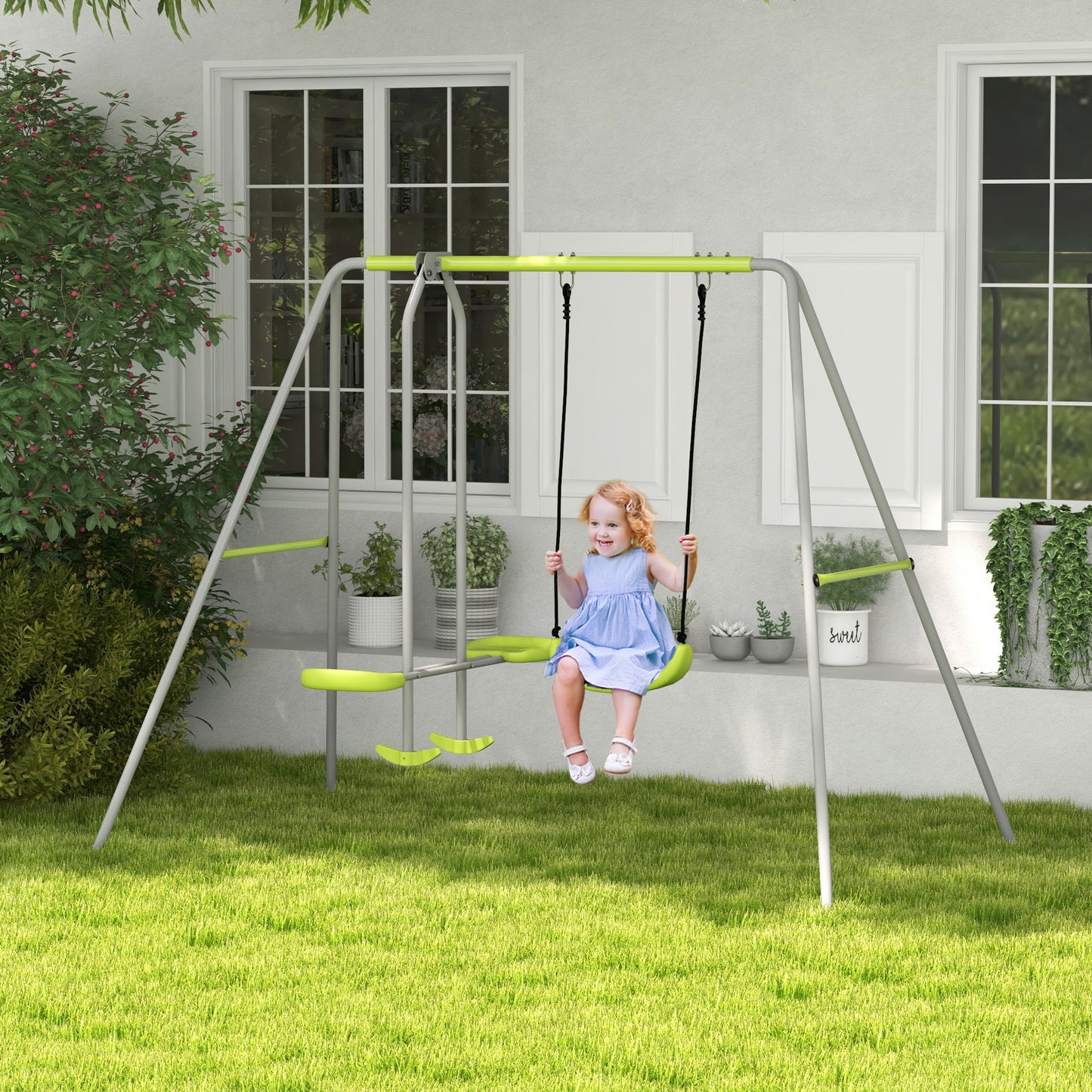 Outsunny Columpio Para Niños Con 1 Columpio Simple Y 1 Planeador Gris Y Verde_1