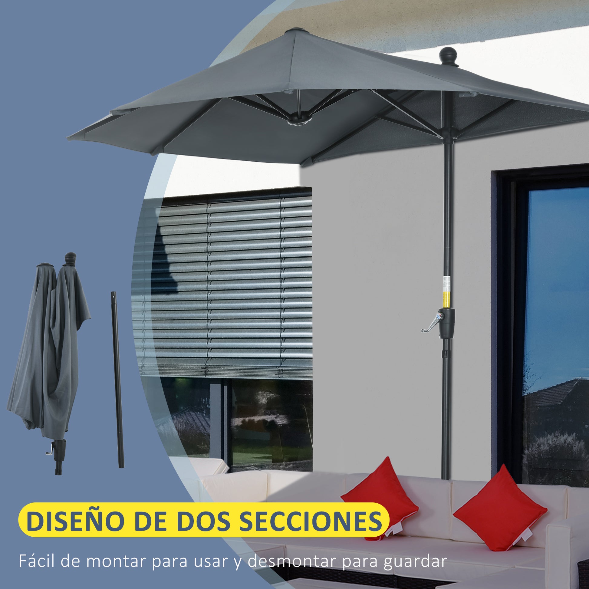 Outsunny Sombrilla De Pared Jardín 200x190x240cm Con Manivela Para Terraza Gris_5