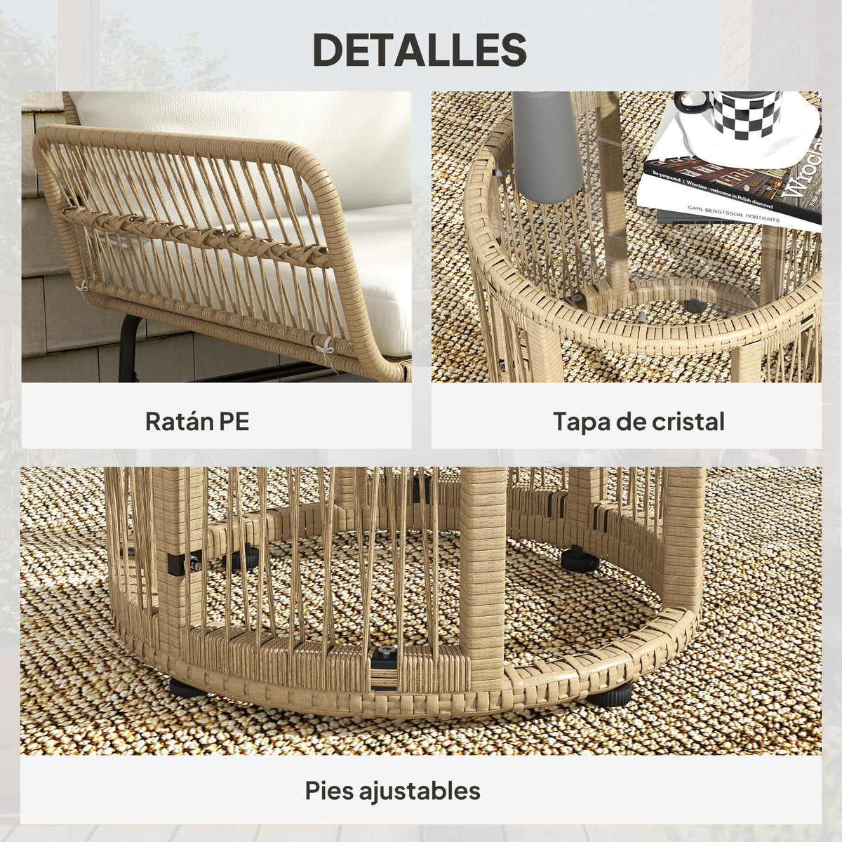 Muebles De Jardín Outsunny Metal, Ratán Crema 122x79x75 Cm_5