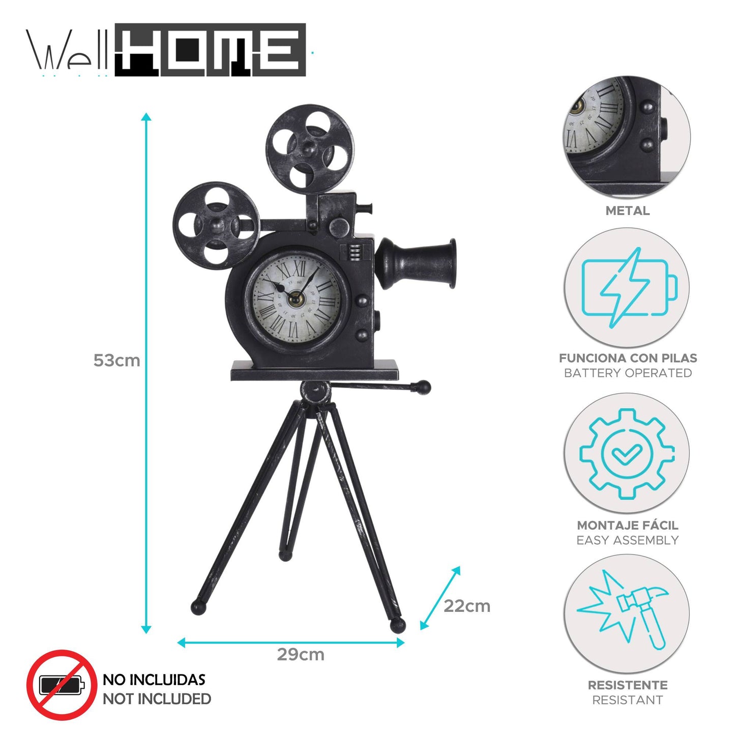 Well Home Reloj De Mesa Modelo Cámara De Peliculas En Metal Negro 29x22x53cm_1