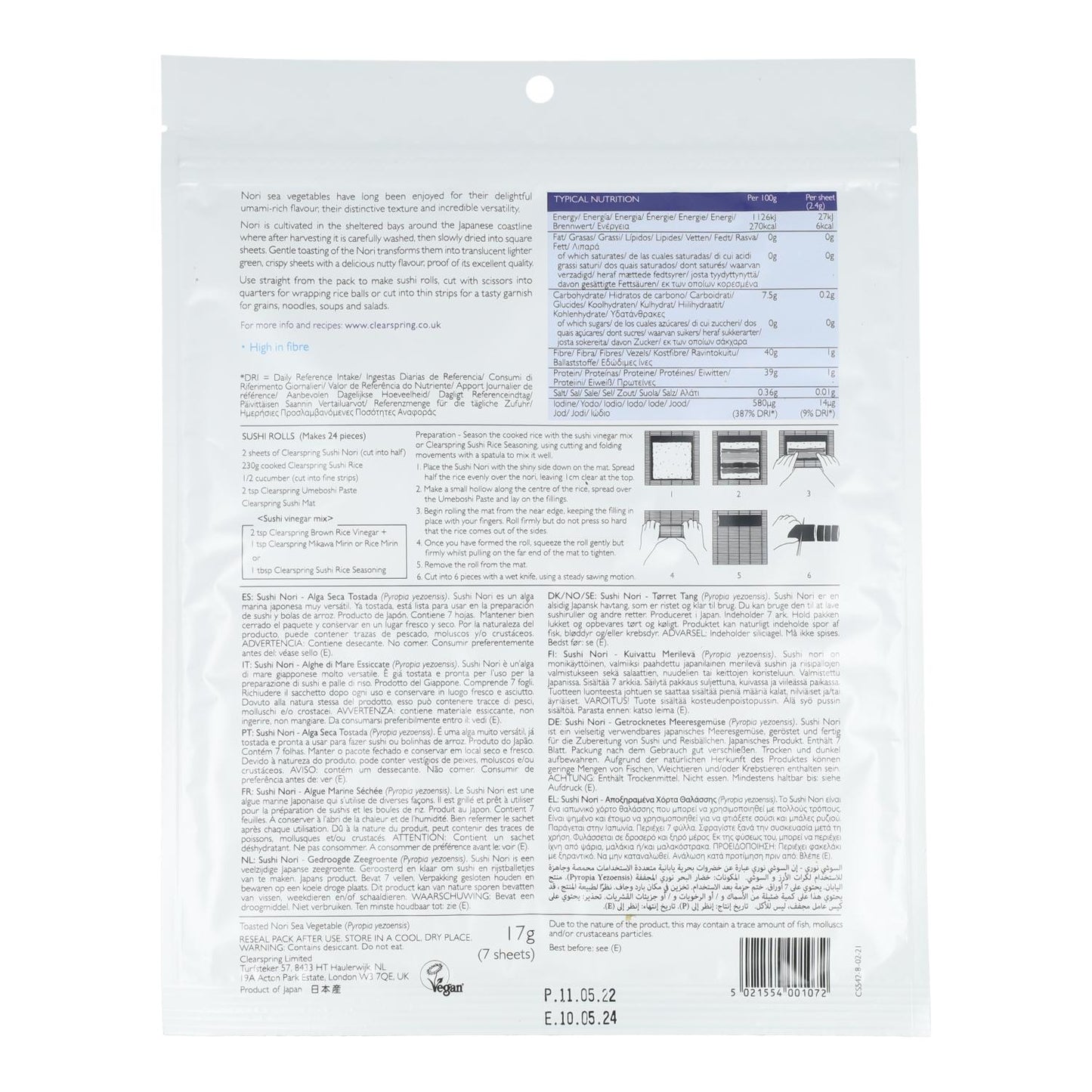 Alga Nori especial Sushi Clearspring 7 hojas 17 g