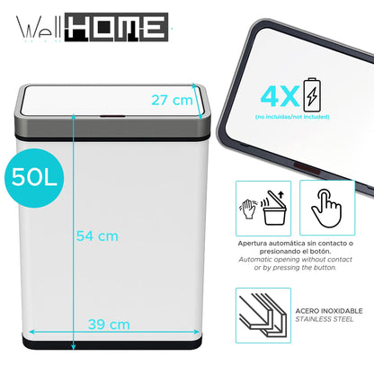 Cubo Basura 50l Blanco Acero Con Sensor Y Filtro Antiolor Wellhome_1