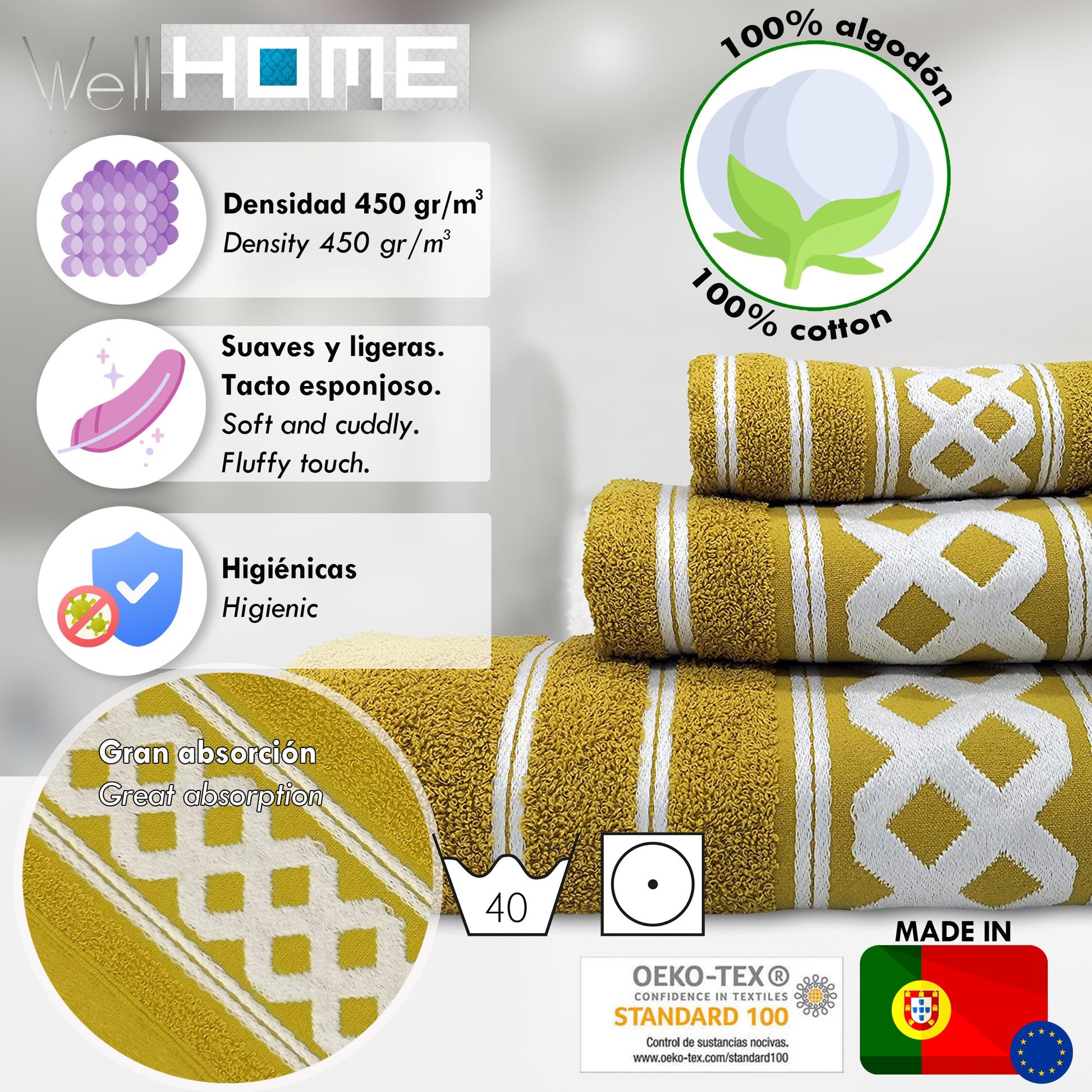 Juego De 3 Toallas De Baño De Algodón De Rizo 450 Gr/m2, De 50x30; 100x50; 150x100 Cm, Color Mostaza De La Colección Diamante