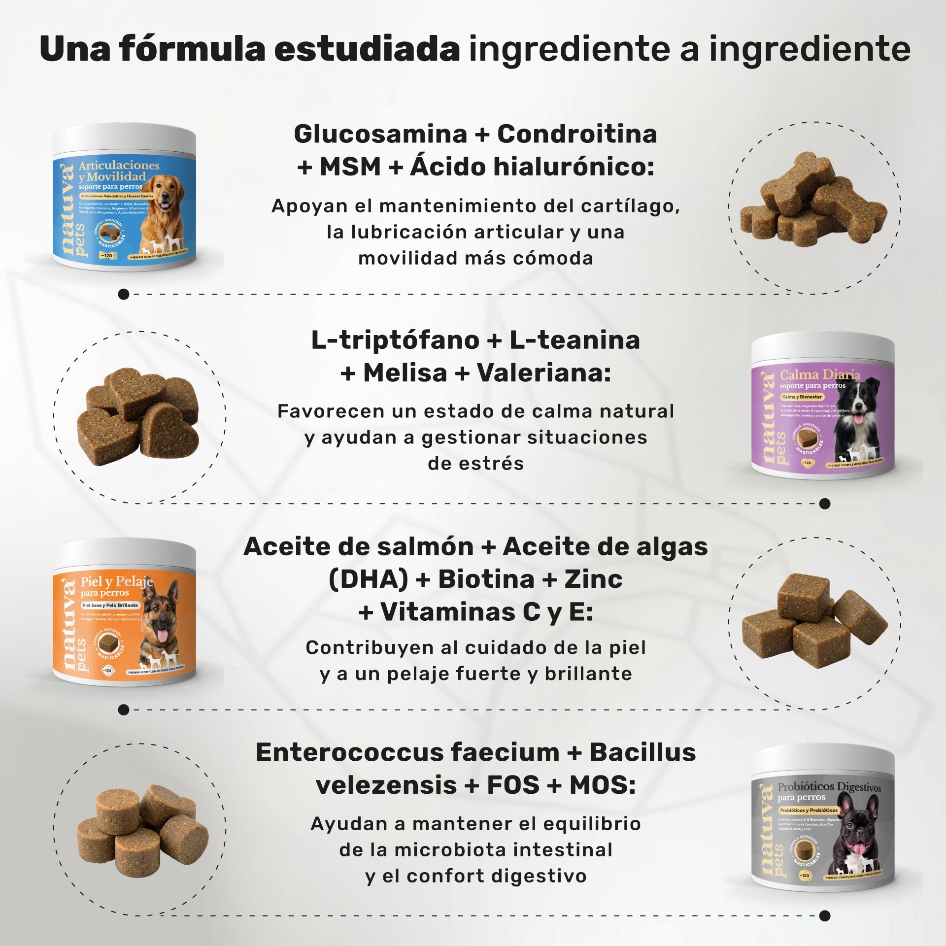 Pack Calma + Condro + Probiotico + Salmon Para Perros. Suplementos Mascotas. 480 Masticables. Natuva Pets_2