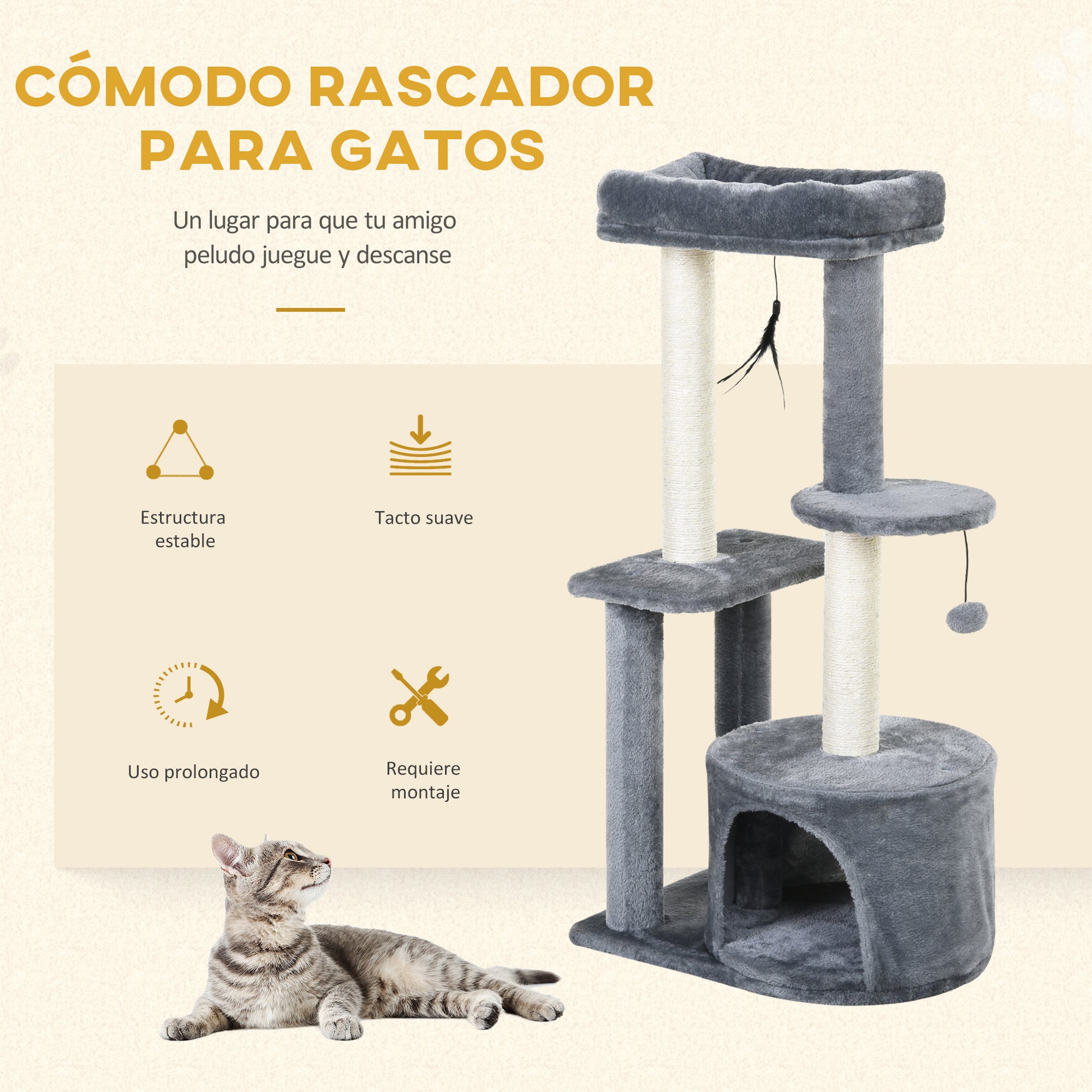 Pawhut Árbol Para Gatos 100 Cm Con Postes Para Rascar Cama 48x35x100 Cm Gris_5