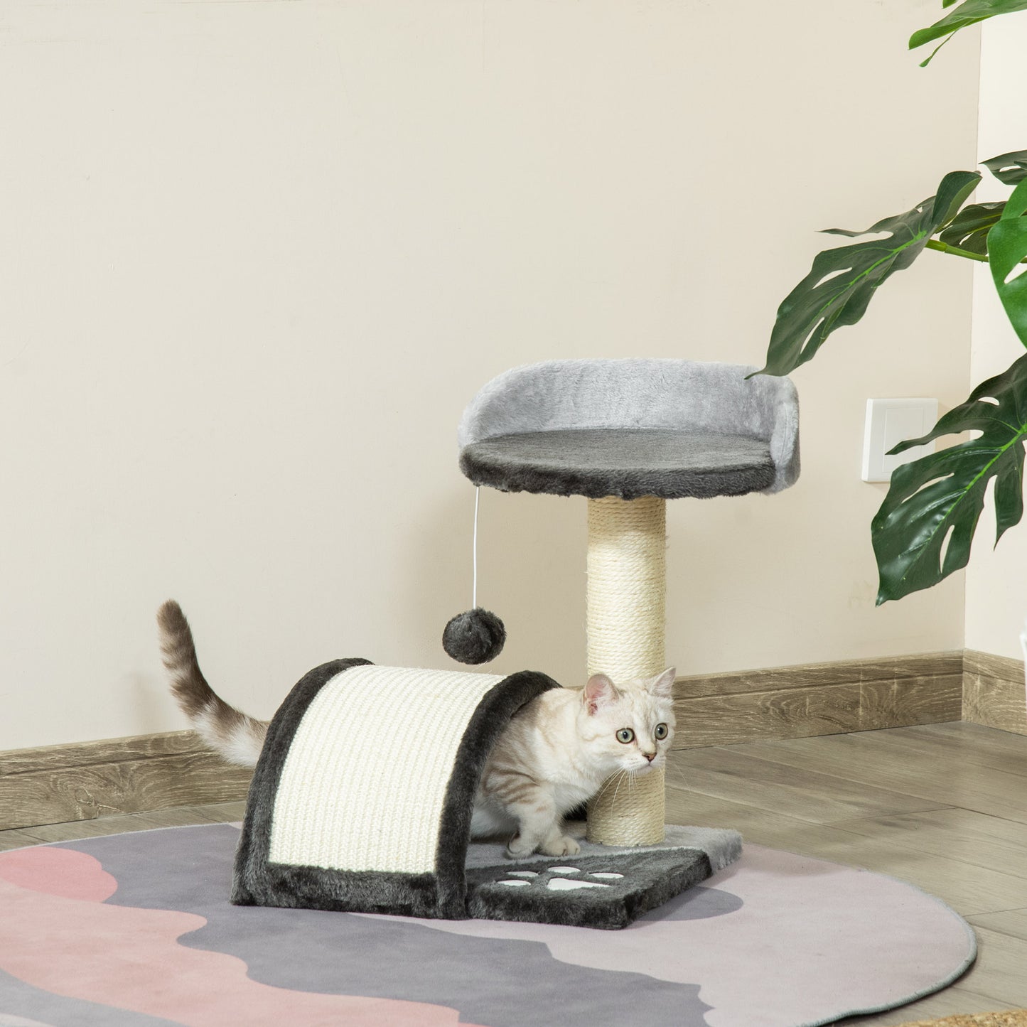 Pawhut Árbol Rascador Para Gatos 2 Niveles Con Poste Tablero Para Rascar Gris_1