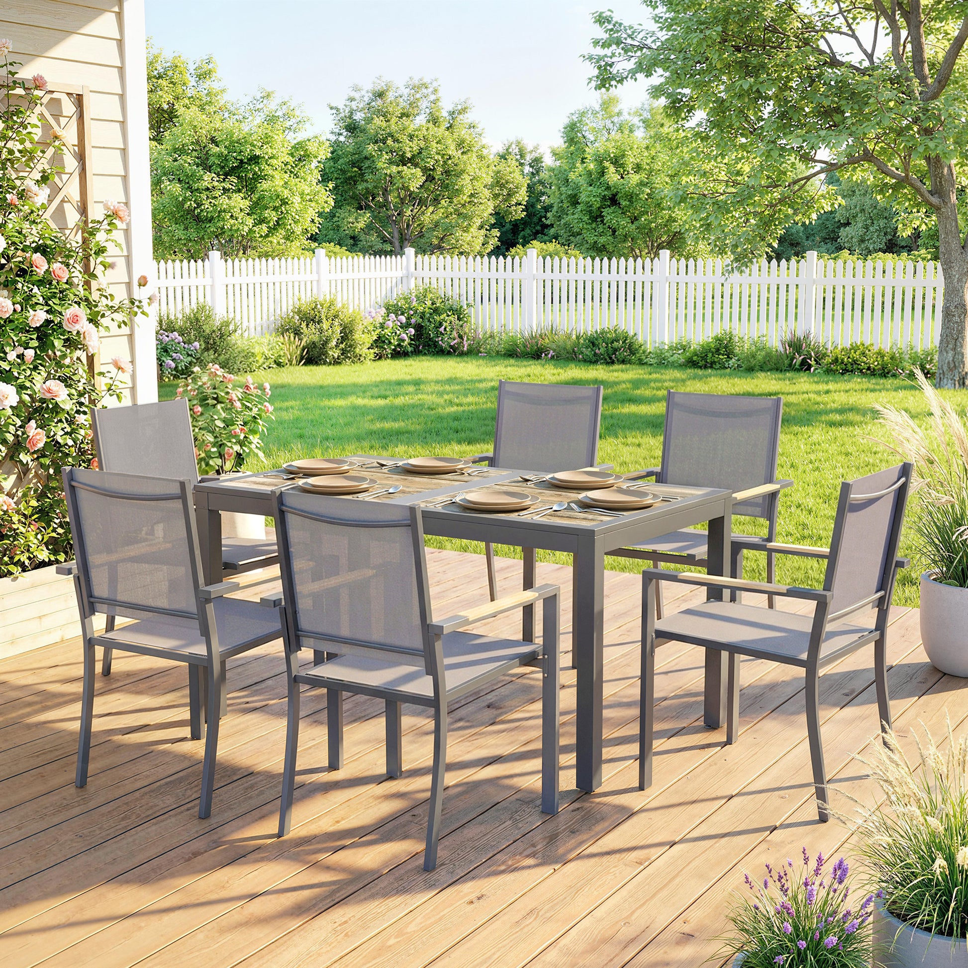 Outsunny Conjunto De Mesa Y Sillas Jardín De 7 Piezas Con Sillas Transpirables_1