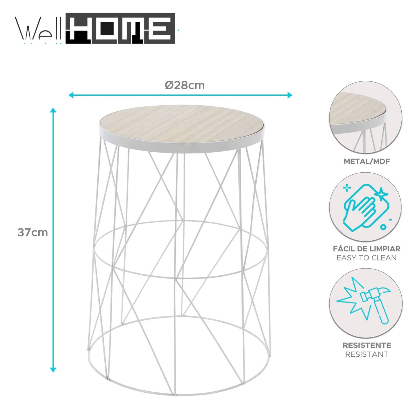 Well Home Mesa Auxiliar En Metal Color Blanco Ø28x37cm