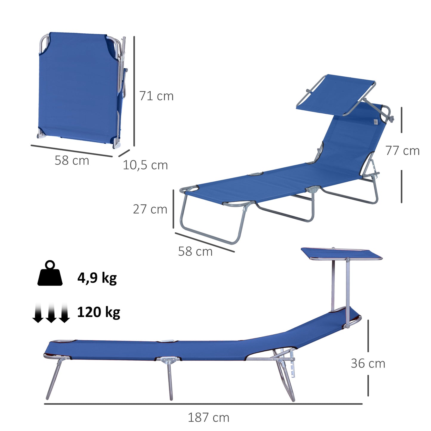 Outsunny Tumbona De Jardín Plegable Con Toldo Desmontable 187x58x36cm Azul_2