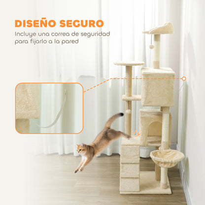 Pawhut Árbol Rascador Para Gatos 160 Cm Con Múltiples Plataformas Beige_5