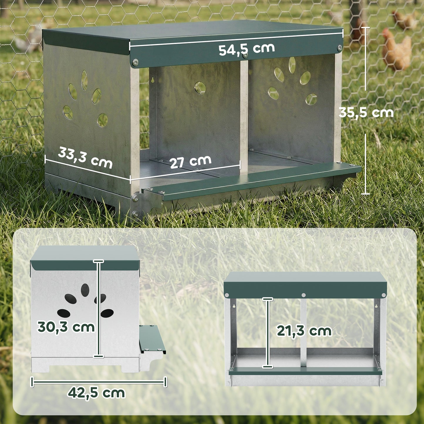 Pawhut Ponedero Para Gallinas De Acero Galvanizado Con 2 Huecos Para 2 Gallinas_2