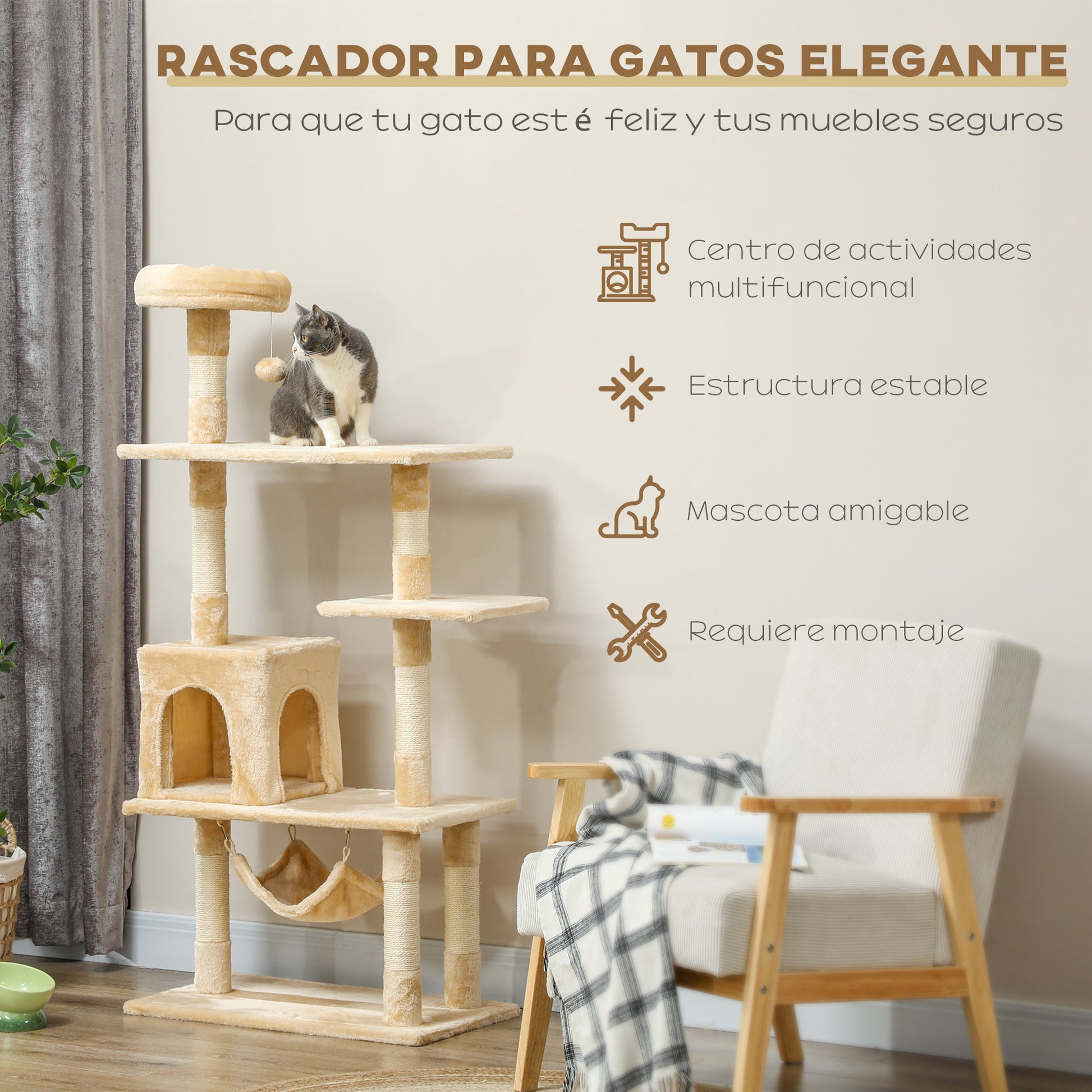 Pawhut Árbol Rascador Para Gatos Grande 70x40x152cm Con Múltiples Plataformas_3