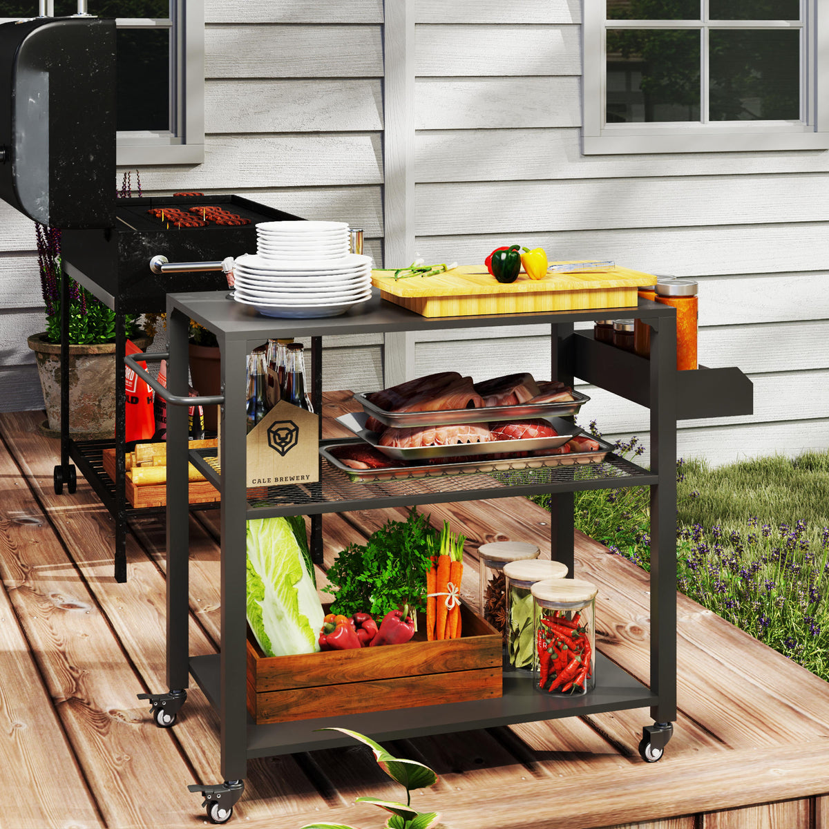 Outsunny Carrito De Parrilla De 3 Niveles Con 4 Ruedas Estantes Y Asa Negro_1