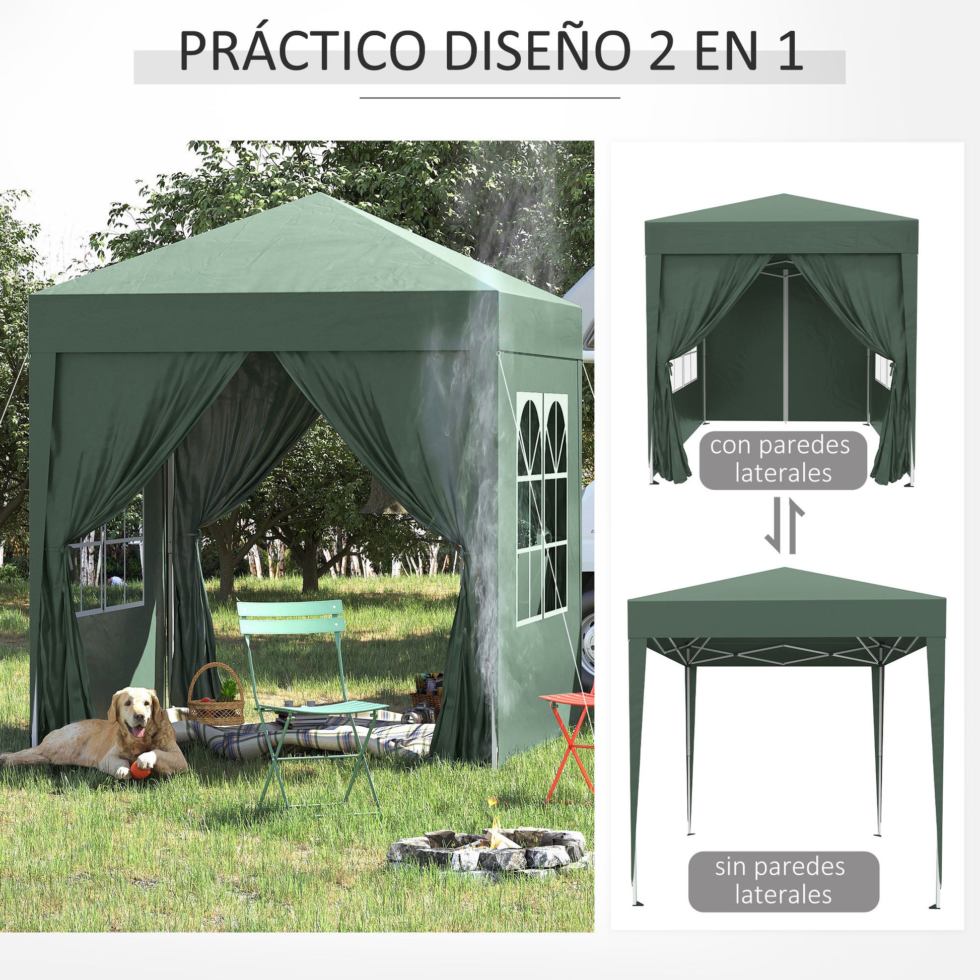 Outsunny Carpa Plegable 2x2m Exterior Con 4 Paredes Y Bolsa De Transporte Verde_3