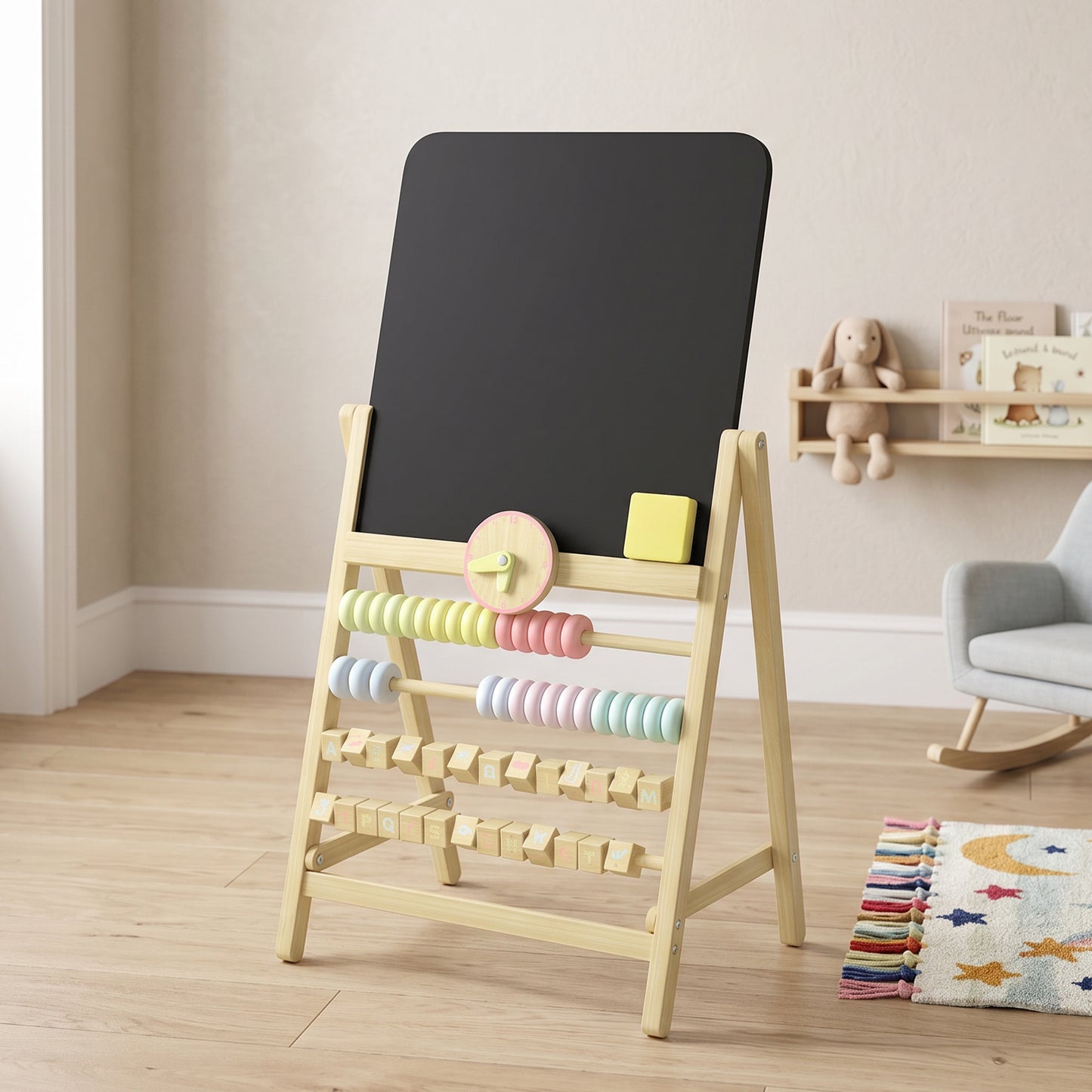 Aiyaplay Pizarra Infantil Caballete Con Reloj Ábaco Y Borrador Madera Natural_4