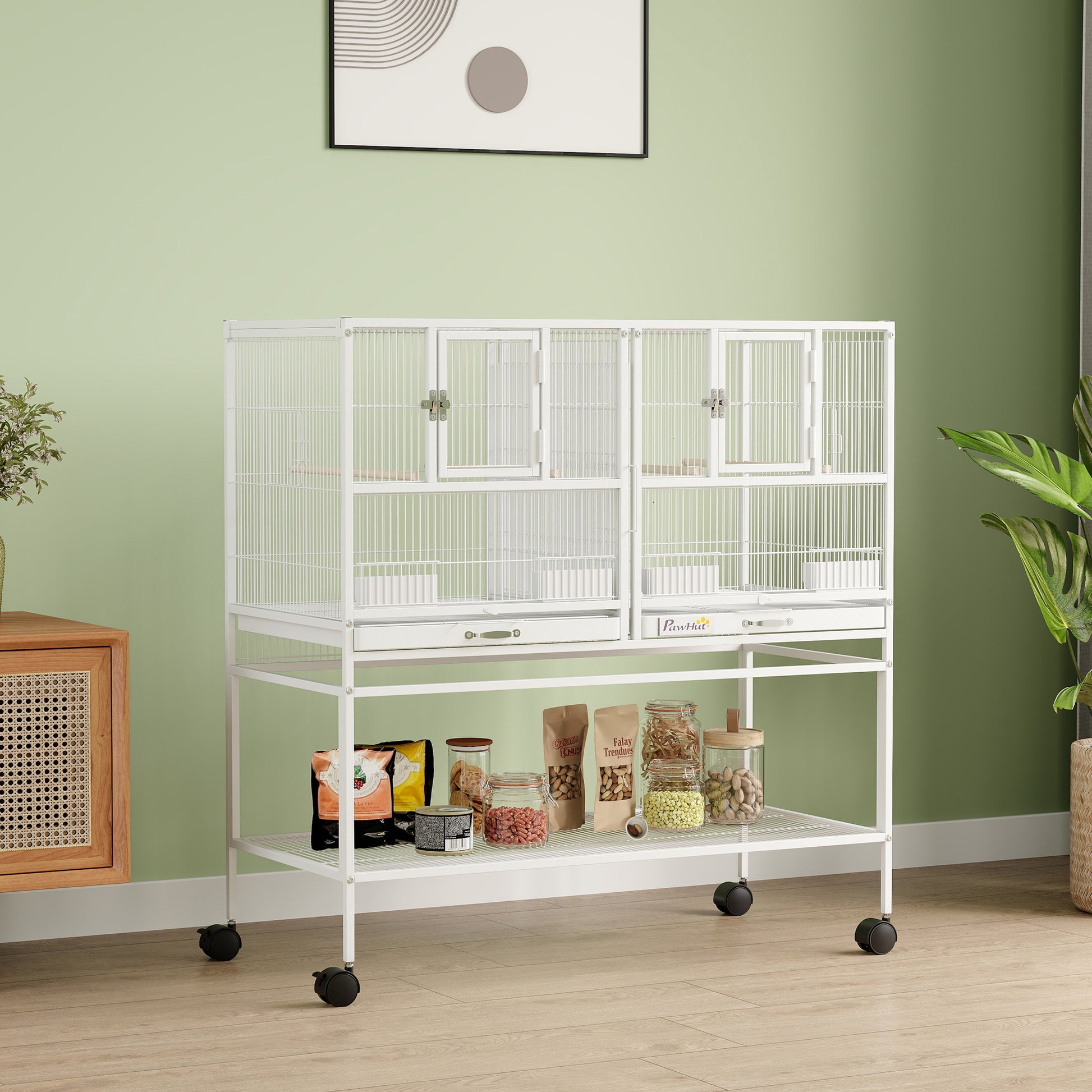 Pawhut Jaula Para Pájaros Con Ruedas Comederos Estante 95x45,5x102 Cm Blanco_1