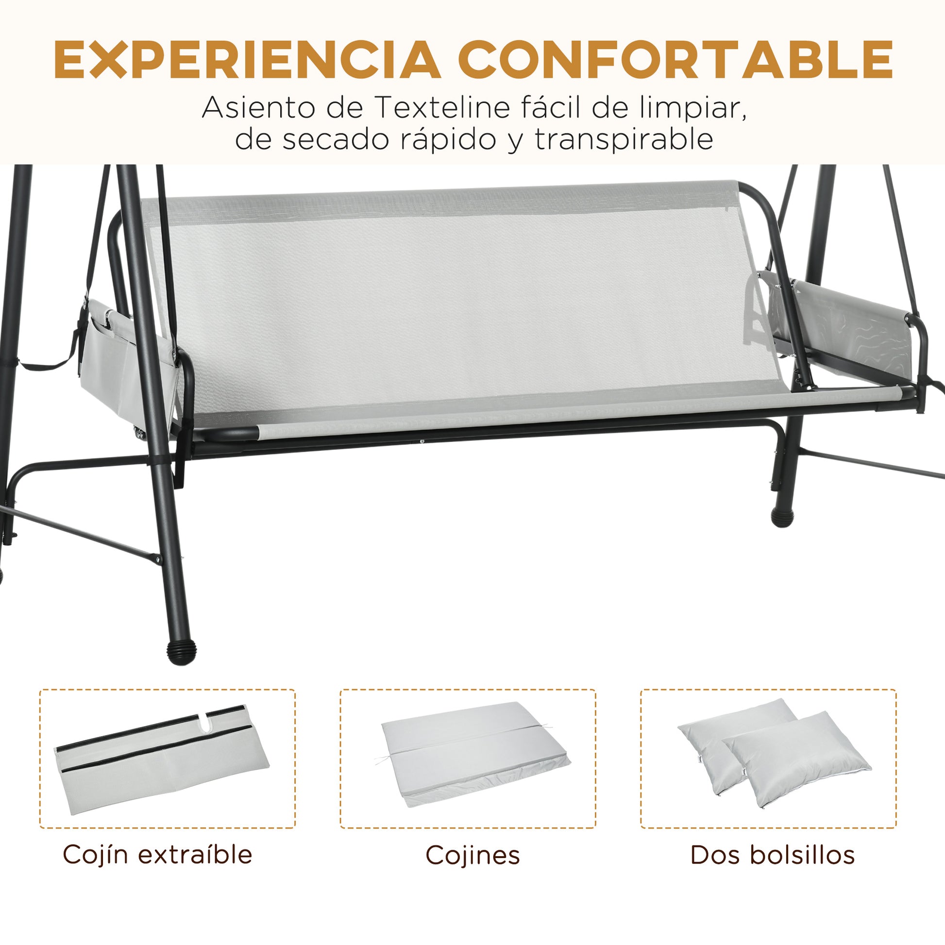 Outsunny Columpio De Jardín De 3 Plazas Convertible En Cama 236x138x185 Cm Gris_5