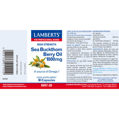 Aceite del fruto de Espino Amarillo 1000 mg rico en Omega 7, Lamberts, 30 cápsulas