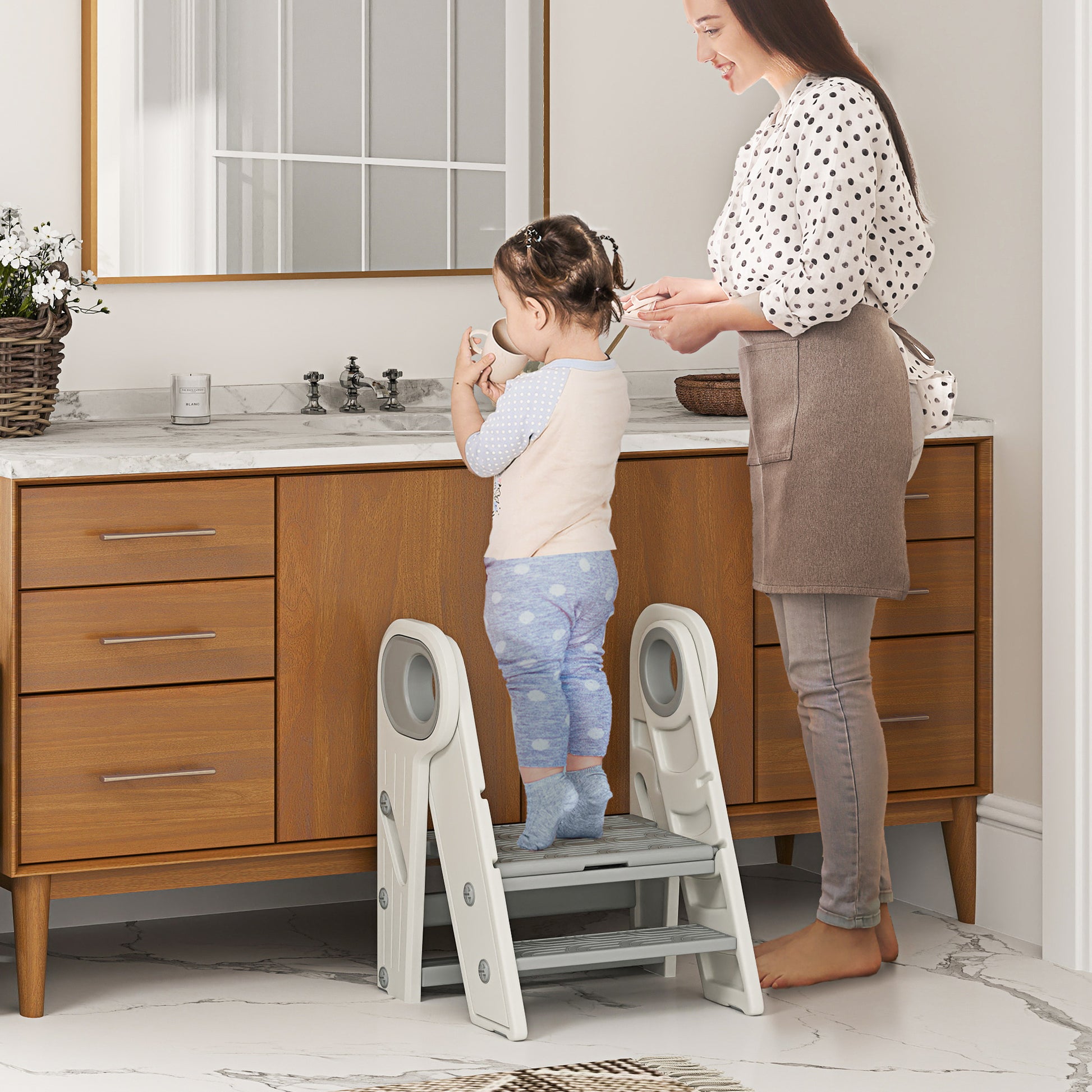 Aiyaplay Taburete Para Niños Plegable Y Ajustable Con Asa Gris Y Blanco_1