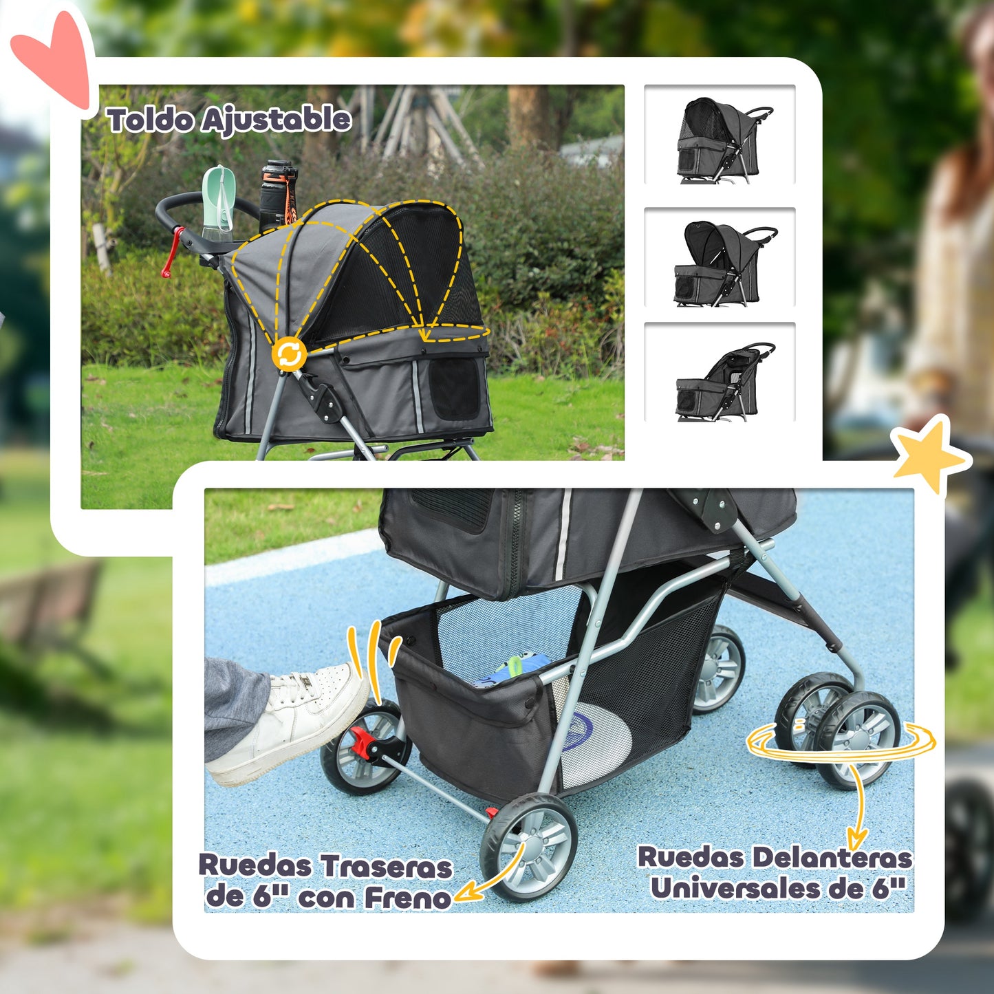 Pawhut Carrito Para Perros Plegable Con Toldo Ajustable 75x45x97 Cm Gris_5