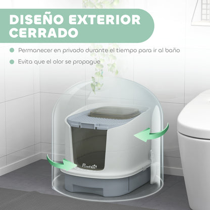Pawhut Arenero Para Gatos Cubierto Con Bandeja Extraíble Y Pala Blanco Y Gris_3