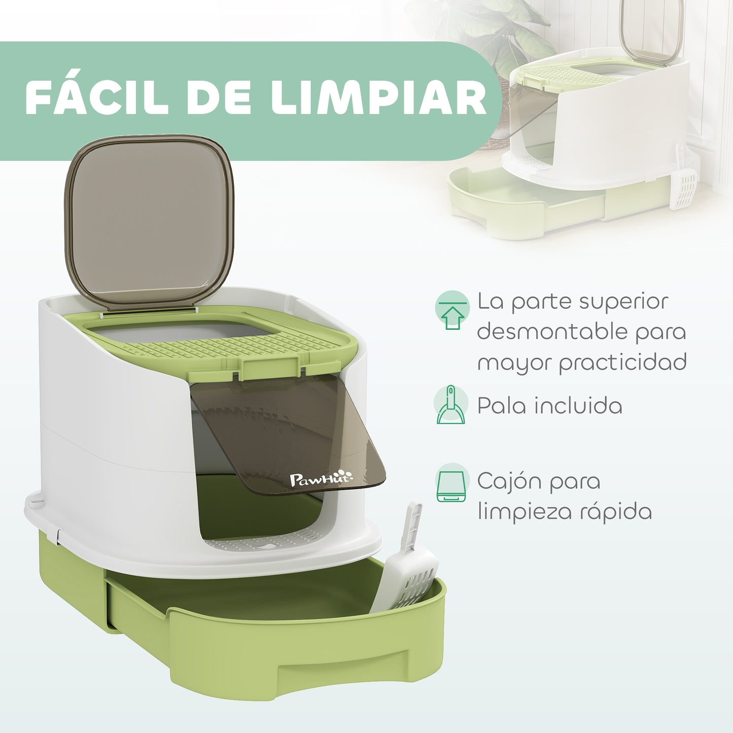 Pawhut Arenero Para Gatos Cubierto Con Bandeja Extraíble Y Pala Blanco Y Verde_4