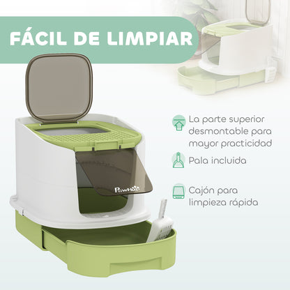 Pawhut Arenero Para Gatos Cubierto Con Bandeja Extraíble Y Pala Blanco Y Verde_4