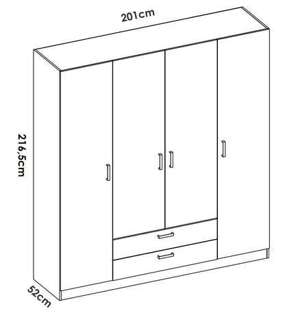 Armario 4 Puertas Abatibles 2 Cajones Acabado Blanco, 215cm(alto) 200cm(ancho) 52cm(fondo)_4